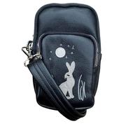 Solis Accessories Moonlit Warren Rabbit & Moon Borsa a Tracolla 3 Zip - Ecopelle - Applicazioni - Tracolla regolabile/staccabile - 19 × 11 × 4,5 cm - 3 scomparti foderati, Nero , One Size