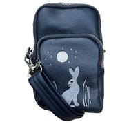 Solis Accessories Moonlit Warren Rabbit & Moon Borsa a Tracolla 3 Zip - Ecopelle - Applicazioni - Tracolla regolabile/staccabile - 19 × 11 × 4,5 cm - 3 scomparti foderati, Blu scuro, One Size