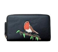 Solis Accessories Portafoglio con cerniera e portamonete ricamato con pettirosso sul ramo - Ecopelle - Interno a fisarmonica - 16 × 10 × 2,5 cm, Nero , Taglia unica, Contemporaneo