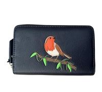 Solis Accessories Portafoglio con cerniera e portamonete ricamato con pettirosso sul ramo - Ecopelle - Interno a fisarmonica - 16 × 10 × 2,5 cm, Blu scuro, Taglia unica, Contemporaneo