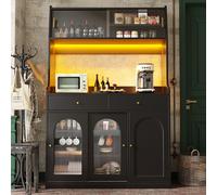 Solisburne Armadio da cucina 120 x 180 cm (larghezza x altezza), buffet nero con illuminazione a LED, armadio alto con ripiani regolabili, credenza con porta scorrevole e 2 cassetti, armadietto da