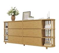 Solisburne Credenza 160 cm con colonne e ripiani in bambù, credenza con 6 cassetti e mensole aperte, piedini regolabili in altezza, mobile salone e corridoio, rovere, 160 x 40 x 75 cm