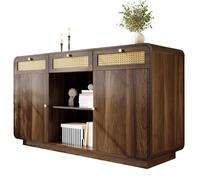 Solisburne Credenza, cassettiera 120 cm, in noce, con fronti in rattan e 3 cassetti, 2 armadi e ripiano aperto con ripiani regolabili in altezza, per soggiorno, 120 x 40 x 85 cm