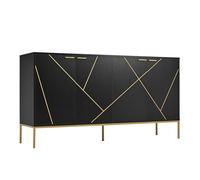 Solisburne Credenza, comò con 4 ante e ripiani regolabili, con gambe in metallo, per soggiorno, camera da letto, libri, corridoio, 160 x 40 x 78, nero e oro