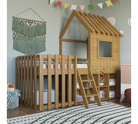 Solisburne Lettino per bambini 90 × 200, letto con spazio aperto, letto per ragazzi con scaletta, letto singolo con protezione anti-caduta e rete a doghe in legno massello, senza materasso (colore