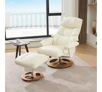 Solisburne Poltrona relax con funzione reclinabile, poltrona per TV con sgabello, girevole a 360°, con massaggio a 5 punti, con funzione di riscaldamento elettrico, tessuto PU, bianco