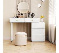 Solisburne Tavolo da toeletta, comò con 5 cassetti, senza specchio e sgabello, armadio e gambe intercambiabili a sinistra/destra, stile minimalista con motivo ondulato, bianco, 90 × 40 × 73,5 cm