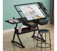 Sollevatore Elettrico per Tavolino Supporto per tavolo da pranzo, altezza regolabile tramite forbice elettrica, scrivania da disegno con piano in vetro, piano inclinato, con sgabello da dise