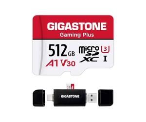 【Solo per Switch 1】GIGASTONE MicroSDXC 512 GB A2 V30 con lettore USB 3.2-C, fino a 100/80 MB/s, per Camera Pro MAX e registrazioni 4K UHD, con adattatore.