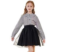 SOLOCOTE Camicetta Bianca in Cotone per Ragazze, Maniche Lunghe con Colletto Peter Pan, Top d'uniforme Scolastico per la Primavera e L'Estate Nero 7-8 Anni