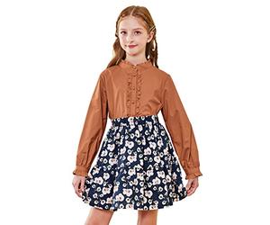 SOLOCOTE Camicetta Bianca per Ragazze, Camicie a Manica Lunga con Balze, Bottoni, Cotone Principessa, Top Morbidi e Larghi per Primavera ed Estate Marrone 11-12 Anni