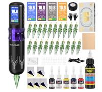 Solong SL-TKE200A-4-USA - Kit completo di pistola per tatuaggi wireless, con batteria potente, 7 tempi di lunghezza, aghi per cartucce e guida a colori per carta da parati per principianti (viola)