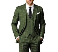 Solovedress Abito da uomo 3 pezzi Classico a quadri per matrimoni e affari, verde oliva, L