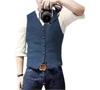 Solovedress - Gilet da uomo casual in lana a spina di pesce, con scollo a V, in tweed, per matrimoni e per il testimone dello sposo, colore blu, taglia L