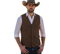 Solovedress, gilet da uomo in pelle scamosciata, panciotto da completo, vestibilità normale, stile vintage, in pelle sintetica, western, cowboy, caffè, L