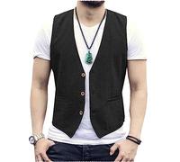 Solovedress Gilet estivo da uomo, slim fit, in lino, scollo a V, alla moda, gilet da abito elegante per matrimoni e feste, Nero , S
