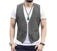 Solovedress Gilet estivo da uomo, slim fit, in lino, scollo a V, alla moda, per matrimoni e feste, grigio., XS