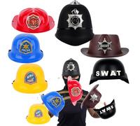 Solrowasun Set di 6 caschi in plastica tra cui polizia SWAT ingegnere pompiere poliziotto britannico cowboy per fingere di giocare vestire