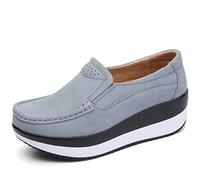 Solshine - Mocassini da donna in pelle scamosciata con zeppa e tacco a cuneo, leggeri, senza lacci, scarpe casual, sneakers, Grigio, 37 EU