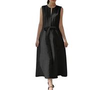 SoLu DAY8 Abiti Donna Casual Lunghi Estivi Taglie Forti in Cotone e Lino Comodo con Cintura Vestito Donna Elegante Senza Maniche Scollo a V Vestiti da Spiaggia Mare (Nero, XXL)