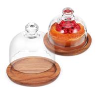 SOLUSTRE Set 2 Pezzi Piatto per Torta con Cupola in Vetro e Legno Marrone, Alzatina Rotonda Elegante e Robusta per Casa e Feste con Accesso Comodo