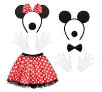 SolWonder Costume da Topo per Donna Adulta, Costume da Maus Mouse con Fiocco, Orecchie, Tutu Rosso con Bianco Tratteggiato, Naso, Guanti, per Carnevale, Festa Cosplay a Tema