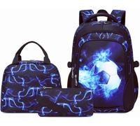 SOMBLG Ragazzi Zaino Borsa Scolastica Set Bambini Elementare Mezzo Adolescente Borsa Grande Impermeabile 18 Pollici Borsa Pranzo 3 Pezzi (1-Blu Calcio Set)
