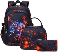 SOMBLG Ragazzi Zaino Borsa Scolastica Set Bambini Elementare Mezzo Adolescente Borsa Grande Impermeabile 18 Pollici Borsa Pranzo 3 Pezzi (3-Cool Gioco Set)