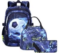 SOMBLG Ragazzi Zaino Borsa Scolastica Set Bambini Elementare Mezzo Adolescente Borsa Grande Impermeabile 18 Pollici Borsa Pranzo 3 Pezzi (2-Nero Calcio Set)