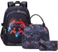 SOMBLG Ragazzi Zaino Borsa Scolastica Set Bambini Elementare Mezzo Adolescente Borsa Grande Impermeabile 18 Pollici Borsa Pranzo 3 Pezzi (4-Nero Giochi Set)