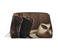 Sombrero de vaquero negro Botas vaqueras Neceser de cuero impermeable Organizador de cosméticos pequeño neceser con cremallera Neceser de viaje portátil para mujeres y niñas