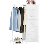 Somdot Cassettiera per Camera da Letto in Tessuto con Asta Portabiti 3 in 1, Mobiletto Salvaspazio con Ripiano per Scarpe, 30P x 79l x 114,5H (5 Cassetti), Bianco