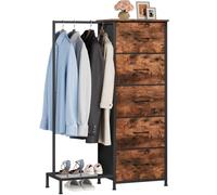 Somdot Cassettiera per Camera da Letto in Tessuto con Asta Portabiti 3 in 1, Mobiletto Salvaspazio con Ripiano per Scarpe, 30P x 79l x 114,5H (5 Cassetti), Effetto grano di legno