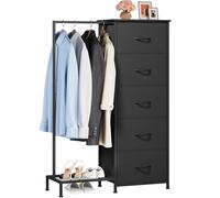 Somdot Cassettiera per Camera da Letto in Tessuto con Asta Portabiti 3 in 1, Mobiletto Salvaspazio con Ripiano per Scarpe, 30P x 79l x 114,5H (5 Cassetti), Nero