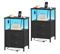 Somdot Comodino Camera da Letto in Tessuto con Prese e Porte USB (1 USB-A e 1 USB-C), Comodini con Luci a LED Multicolori Regolabili, 30P x 40l x 60H (2 Cassetti), Nero, Set di 2