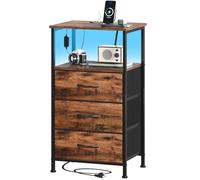 Somdot Comodino Camera da Letto in Tessuto con Prese e Porte USB (1 USB-A e 1 USB-C), Comodini con Luci a LED Multicolori Regolabili, 30P x 40l x 72H (3 Cassetti), Effetto grano di legno, Set di 1