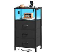 Somdot Comodino Camera da Letto in Tessuto con Prese e Porte USB (1 USB-A e 1 USB-C), Comodini con Luci a LED Multicolori Regolabili, 30P x 40l x 72H (3 Cassetti), Nero, Set di 1