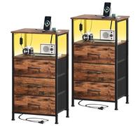 Somdot Comodino Camera da Letto in Tessuto con Prese e Porte USB (1 USB-A e 1 USB-C), Comodini con Luci a LED Multicolori Regolabili, 30P x 40l x 72H (3 Cassetti), Effetto grano di legno, Set di 2