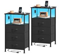 Somdot Comodino Camera da Letto in Tessuto con Prese e Porte USB (1 USB-A e 1 USB-C), Comodini con Luci a LED Multicolori Regolabili, 30P x 40l x 72H (3 Cassetti), Nero, Set di 2