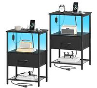 Somdot Comodino Camera da Letto in Tessuto con Prese e Porte USB (1 USB-A e 1 USB-C), Comodini con Luci a LED Multicolori Regolabili, 30P x 40l x 59,5H (1 Cassetti), Nero, Set di 2