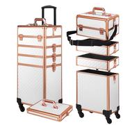 Somduy Custodia per trucchi con coperchio, 5 in 1, con ruote, regalo di Natale, grande, organizer per cosmetici professionale, per saloni di barbiere, colore: oro bianco, Oro bianco., 4 layers,