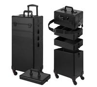 Somduy Custodia per trucchi con coperchio, 5 in 1, con ruote, regalo di Natale, grande, organizer per trucchi professionale, per salone di bellezza e barbiere, nero, 4 layers
