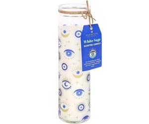 Something Different All Seeing Eye - Candela tubolare alla salvia bianca con design in vetro blu e oro, 21 x 6 cm (1 pezzo), cera, multicolore, 21 cm x 6 cm x 6 cm