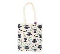 Something Different Wholesale Borsa tote in policotone con stampa di gatti carini e raccapriccianti con spilla smaltata, design giocoso con gatti neri, ali di pipistrello e stelle, resistente e