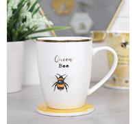 Something Different Wholesale Ltd Elegante set di tazza e sottobicchiere in ceramica con ape regina bianca e gialla, 10,2 cm x 12 cm (1 set), design unico, perfetto per gli amanti del tè o del caffè