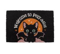 Something Different Wholesale Zerbino nero con gatto Welcome to Purr-adise, giocoso decorazione di Halloween con gatto nero e ali di pipistrello, vibrante tocco stagionale per gli amanti dei gatti e