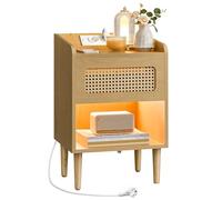 SOMGMICS HOME BOHOVEN Collezione - Comodino con Stazione di Ricarica, con Luce a Sensore di Movimento, Tavolino Effetto Rattan, Gambe in Legno, per Camera da Letto, Stile Boho, Beige Rovere