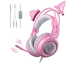 Somic G951S Cuffia da gioco rosa con microfono, Cuffie con microfono per ragazze Pink Cat con 3,5 mm cablate per Xbox One, Switch, PS4, PS5