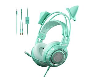 Somic G951S Green Gaming Cuffie con Microfono per PS4, PS5, Xbox One, PC, Cat Ear Cuffie Over Ear con Microfono In-Line, Suono Stereo per Ragazze, Donna
