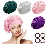 SOMLAW 4 Pezzi Cuffia Seta Capelli Ricci, Silk Bonnet con 4 Elastici, Cuffia di Seta Elastico per Dormire Cappello da Notte per Donna Berretto da Notte Raso per Donna Ragazza